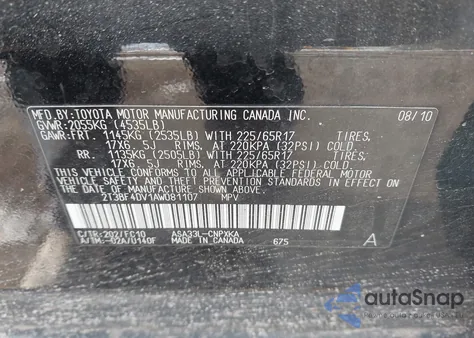 2010 Toyota Rav4 from USA, damaged, VIN 2T3BF4DV1AW081107